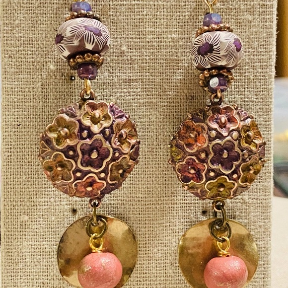 Bold statement Hand Painted Artisan Earrings Humble beads Niobium Ear Wires OOAK - Picture 2 of 5